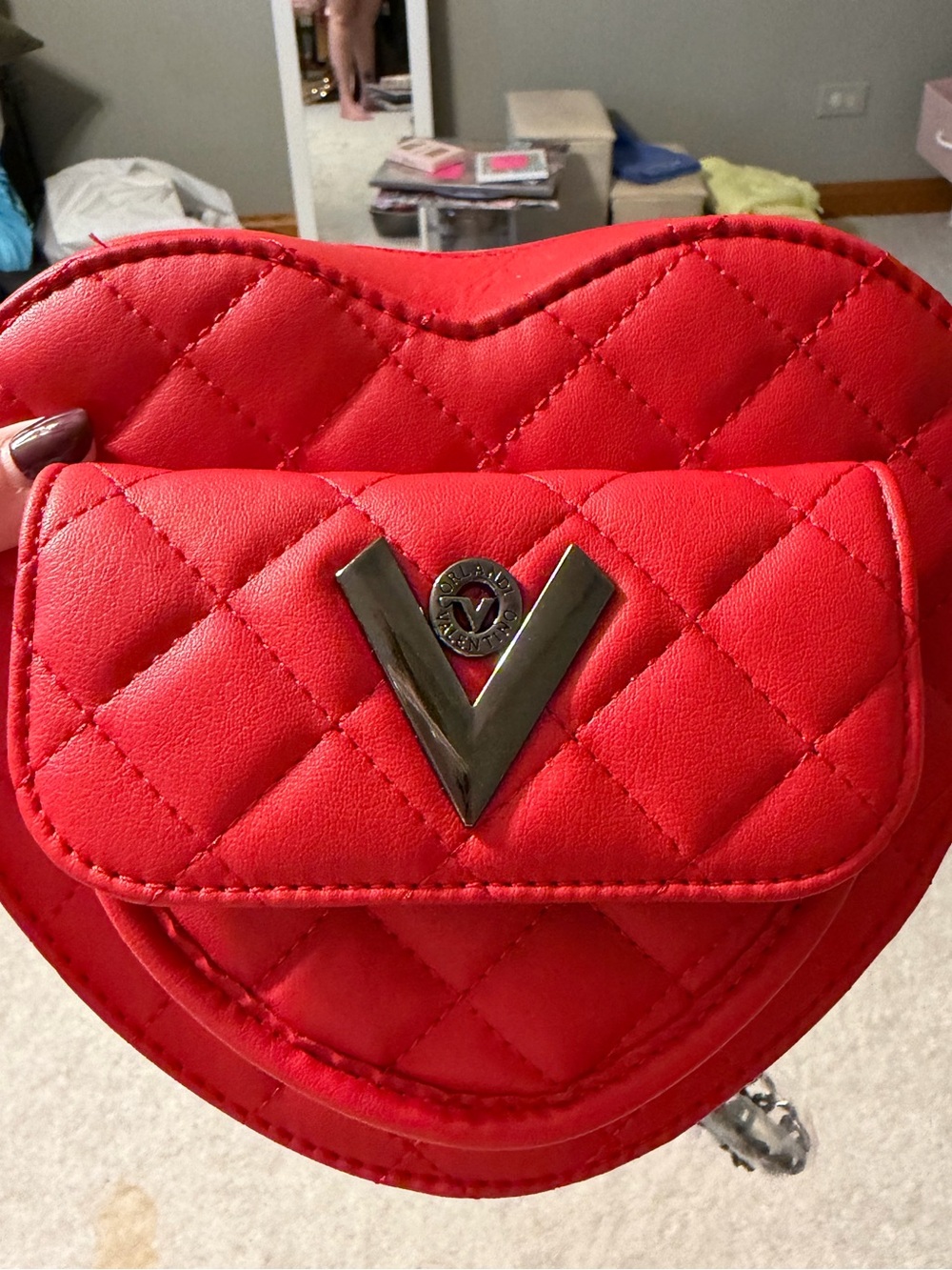 Valentino Red Quilted Heart Mini Crossbody with V Emblem